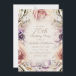 Elegant Paars Blush Pink Script 70th Birthday Kaart<br><div class="desc">Elegant en feminine 70e verjaardag feestjes, speciaal ontworpen met prachtige waterverf florale en vlinders in tinten van paars en roze. Gepersonaliseerd met de naam van uw gast van eer en partijinformatie in een prachtige cursieve, kalligrafiekmanuscriptdoopvont. Omdat deze uitnodigingen volledig klantgericht zijn, ontwerp deze kaart voor om het even welke leeftijd...</div>