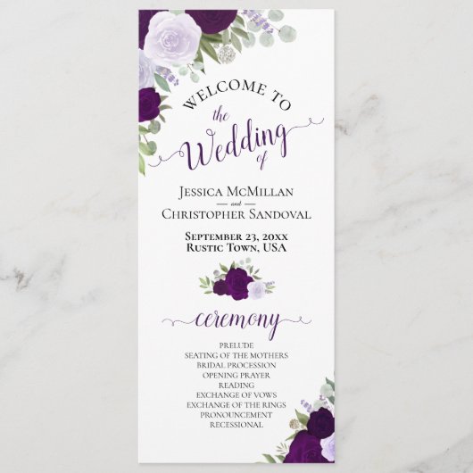 Elegant Paars Boho Waterverf Floral Wedding Programmakaart (Voorkant)