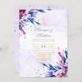 Elegant Paars Botanical Peony Gold Wedding Kaart