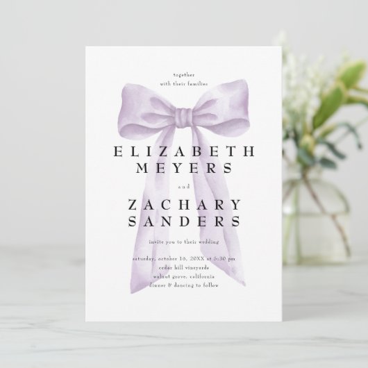 Elegant Paars Bow Wedding Kaart (Staand voorkant)