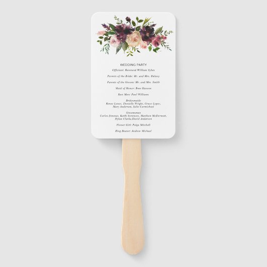 Elegant Paars Burgundy Floral Wedding Programme Handwaaier (Achterkant)