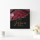 Elegant Paars Burgundy Gold Marble Agate Name  Vierkante Klok (Huis)