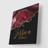 Elegant Paars Burgundy Gold Marble Agate Name  Vierkante Klok (Hoek)