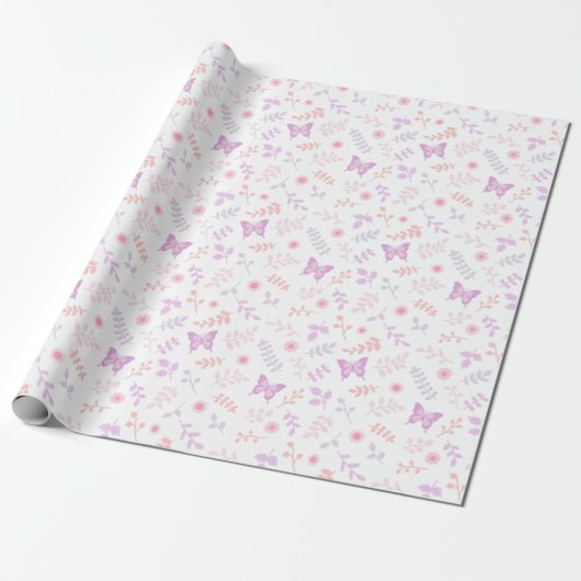Elegant Paars Butterfly Floral Pattern Cadeaupapier (Uitgerold)