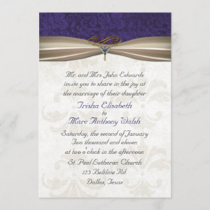 Elegant Paars & Cream Damask Wedding Invitation Kaart