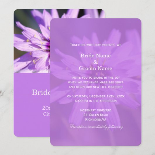 Elegant,  paars dagbloem bruiloft kaart (Voorkant / Achterkant)