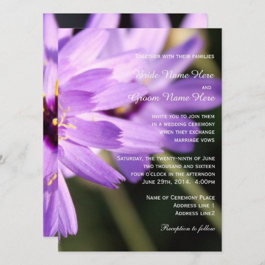 Elegant,  paars dagenbloem, bruiloft kaart (Voorkant / Achterkant)