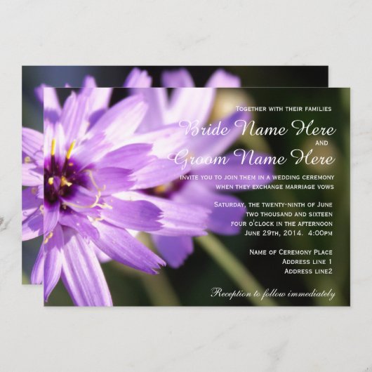 Elegant,  paars dagenbloem, bruiloft kaart (Voorkant / Achterkant)