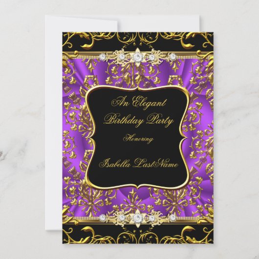 Elegant Paars Damask Black Gold Birthday Party Kaart (Voorkant)