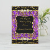 Elegant Paars Damask Black Gold Birthday Party Kaart (Staand voorkant)