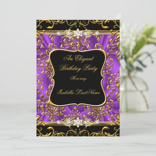 Elegant Paars Damask Black Gold Birthday Party Kaart (Staand voorkant)