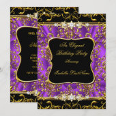 Elegant Paars Damask Black Gold Birthday Party Kaart (Voorkant / Achterkant)