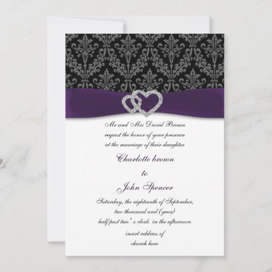 Elegant Paars Damask Diamante Wedding Kaart (Voorkant)