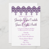 Elegant Paars Damask Lace Wedding Invitations Kaart (Voorkant / Achterkant)