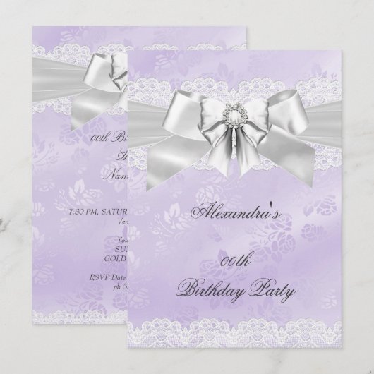 Elegant Paars Damask Silver White Birthday Party Kaart (Voorkant / Achterkant)