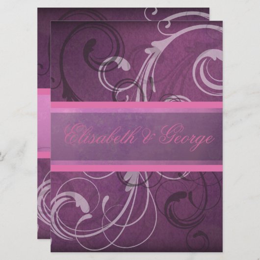 Elegant Paars Damask Swirls Grunge Effect Kaart (Voorkant / Achterkant)