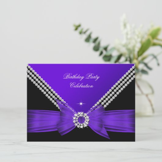 Elegant Paars Diamond Bow Birthday Party 2 Kaart (Staand voorkant)