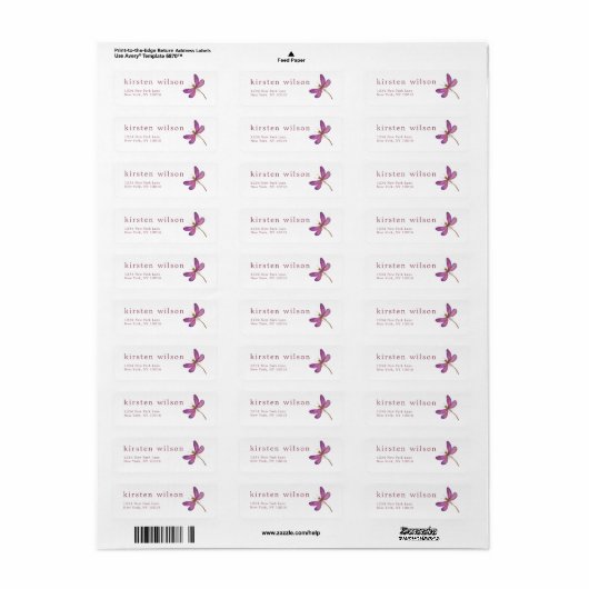 Elegant Paars Dragonfly Return Address Etiket (Full Sheet)