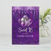 Elegant paars druppelt glitterballonnen zoet 16 kaart (Staand voorkant)