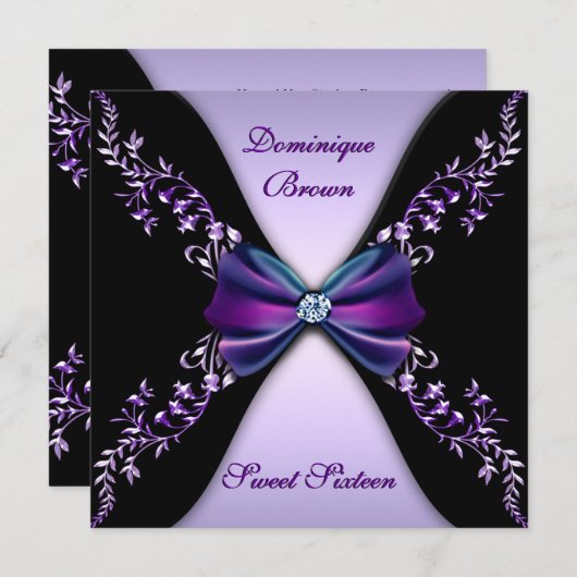 Elegant Paars en Black Invite met Diamond Bow Kaart (Voorkant / Achterkant)