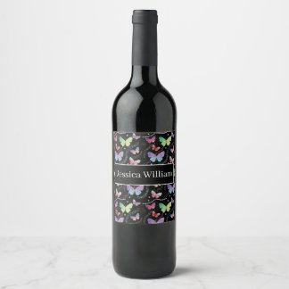 Elegant Paars en blauw, heldere vlinders Wijn Etiket