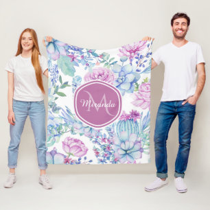 Elegant Paars en blauw Succulent Florence met naam Fleece Deken