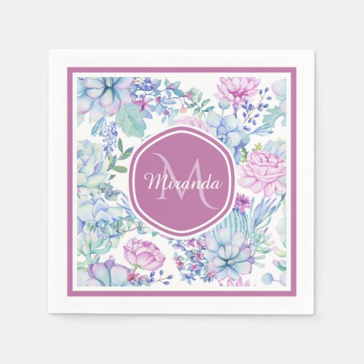 Elegant Paars en blauw Succulent Florence met naam Servetten (Voorkant)