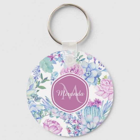 Elegant Paars en blauw Succulent Florence met naam Sleutelhanger (Voorkant)