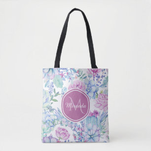 Elegant Paars en blauw Succulent Florence met naam Tote Bag