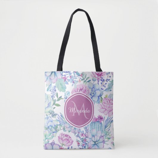Elegant Paars en blauw Succulent Florence met naam Tote Bag (Voorkant)
