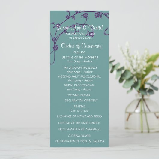 Elegant paars en blauwgroen Floral Swirl Wedding P Kaart (Staand voorkant)