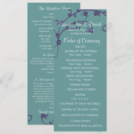 Elegant paars en blauwgroen Floral Swirl Wedding P Kaart (Voorkant / Achterkant)