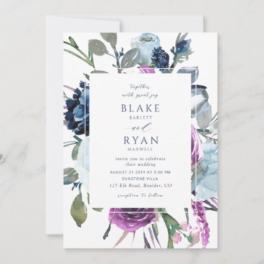 Elegant Paars en Blue Botanical Floral Wedding Kaart (Voorkant)