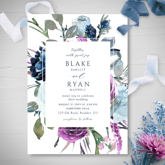 Elegant Paars en Blue Botanical Floral Wedding Kaart