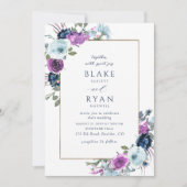 Elegant Paars en Blue Floral Lijst Wedding Invit Kaart (Voorkant)