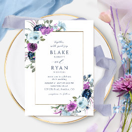 Elegant Paars en Blue Floral Lijst Wedding Invit Kaart