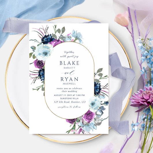 Elegant Paars en Blue Floral Oval Wedding Kaart
