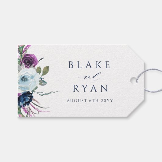 Elegant Paars en Blue Floral Wedding Cadeaulabel (Voorkant (Horizontaal))