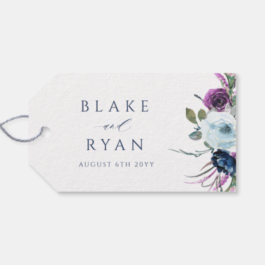 Elegant Paars en Blue Floral Wedding Cadeaulabel (Achterkant Horizontaal)