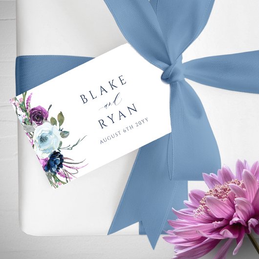 Elegant Paars en Blue Floral Wedding Cadeaulabel