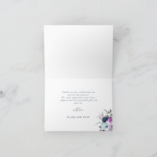 Elegant Paars en Blue Floral Wedding Folded Bedankkaart (Binnen)