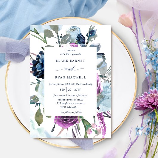 Elegant Paars en Blue Floral Wedding Invitation Kaart