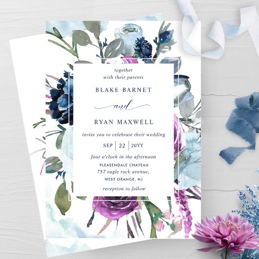 Elegant Paars en Blue Floral Wedding Invitation Kaart