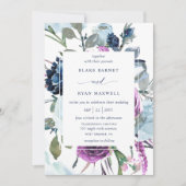 Elegant Paars en Blue Floral Wedding Invitation Kaart (Voorkant)