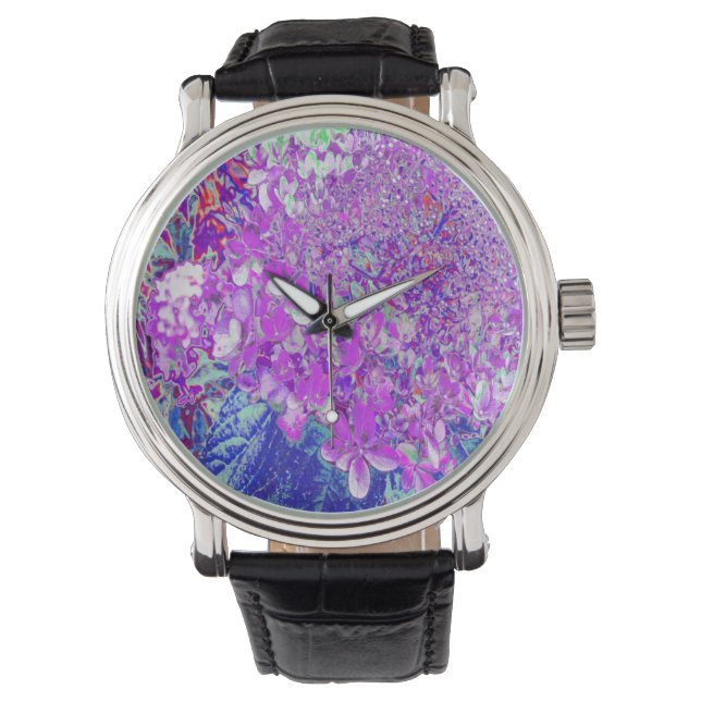 Elegant Paars en Blue Limelight Hydrangea Horloge (Voorkant)