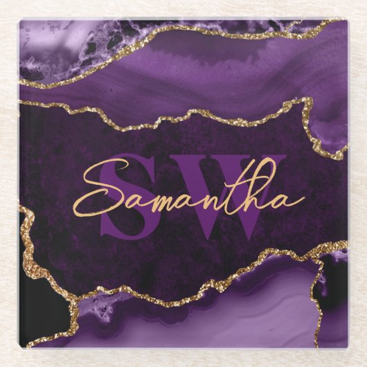 Elegant Paars en Faux Gold Glitter Marble Agate Glazen Onderzetter (Voorkant)