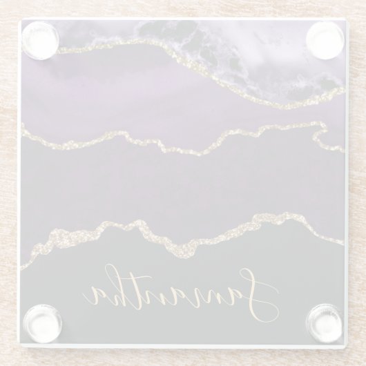 Elegant Paars en Faux Gold Glitter Marble Agate Glazen Onderzetter (Achterkant)