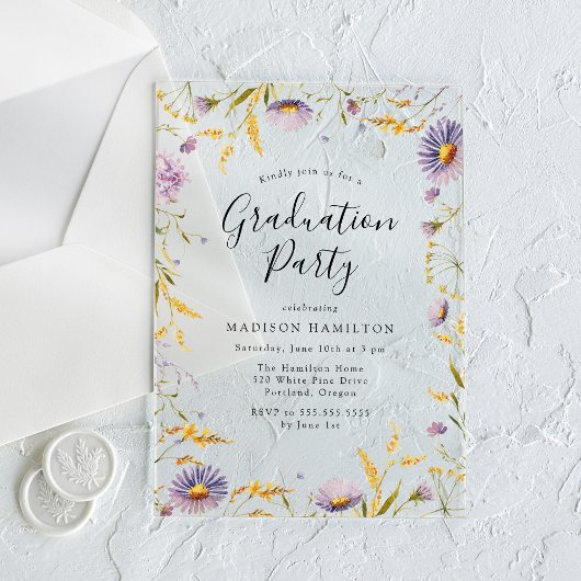 Elegant Paars en Geel Floral Graduation Party Acryl Uitnodigingen