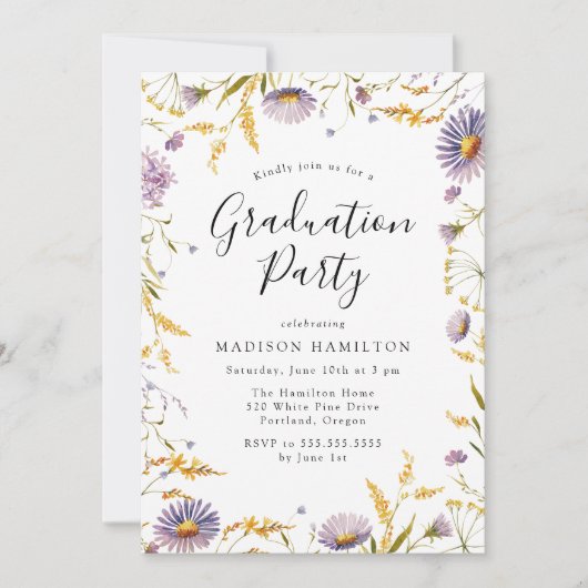 Elegant Paars en Geel Floral Graduation Party Kaart (Voorkant)