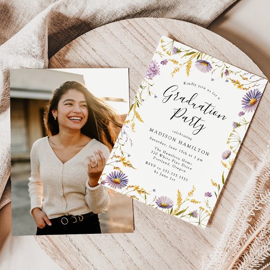 Elegant Paars en Geel Floral Graduation Party Kaart